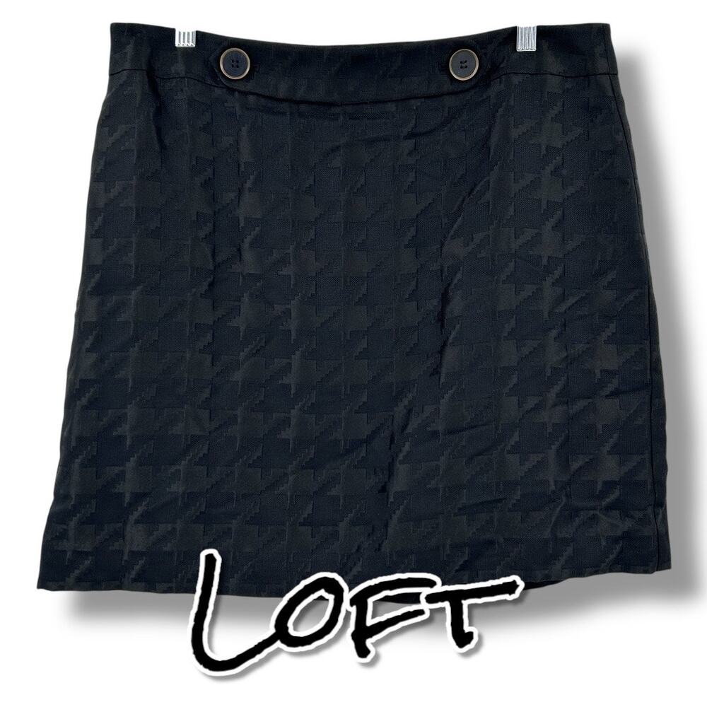 Loft Houndstooth Pencil Skirt Mini Length Black Button Accent Womens Size 12